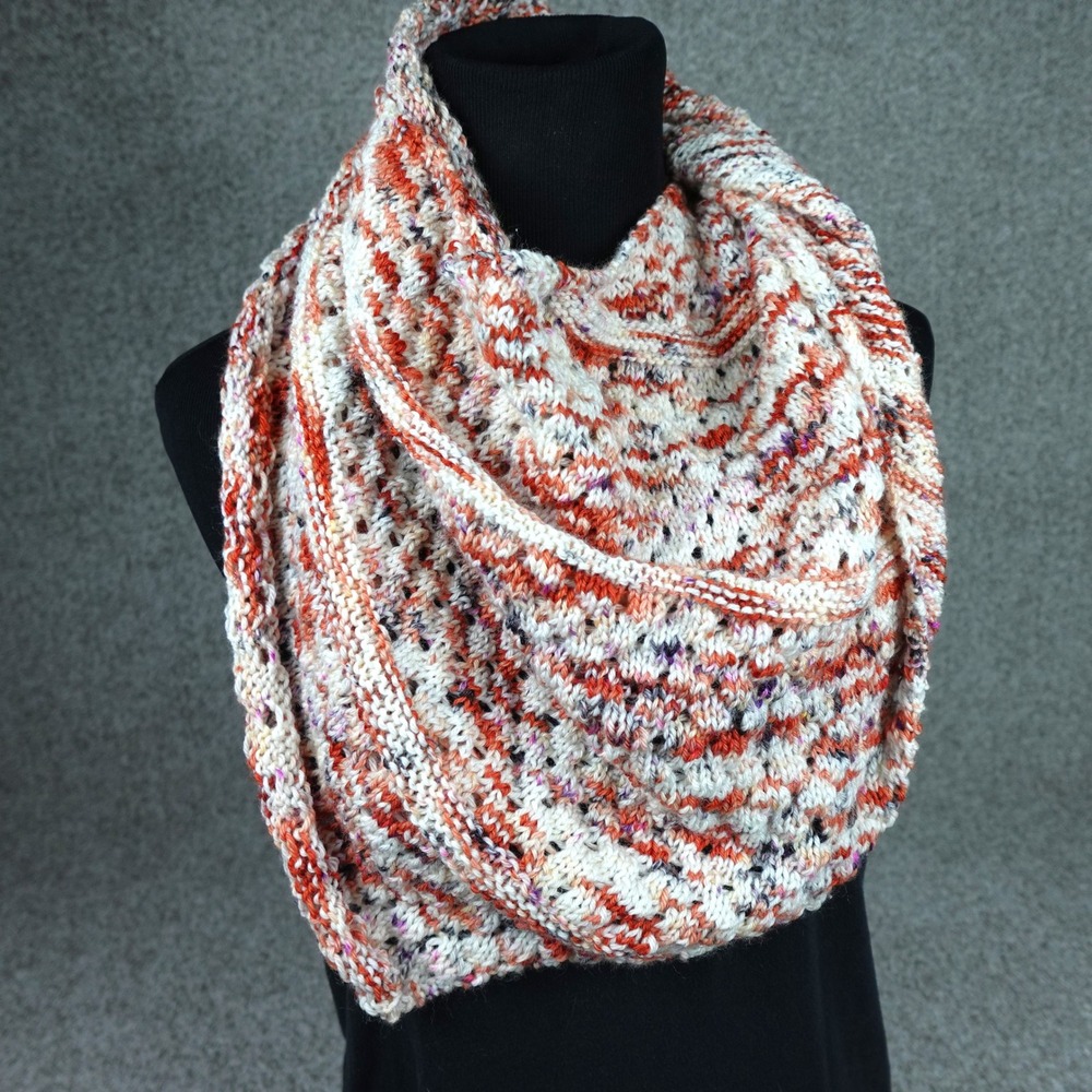 Handmade Knit Triangle Shawl Scarf Orange Cream‎ Space Dye Boho Wrap
